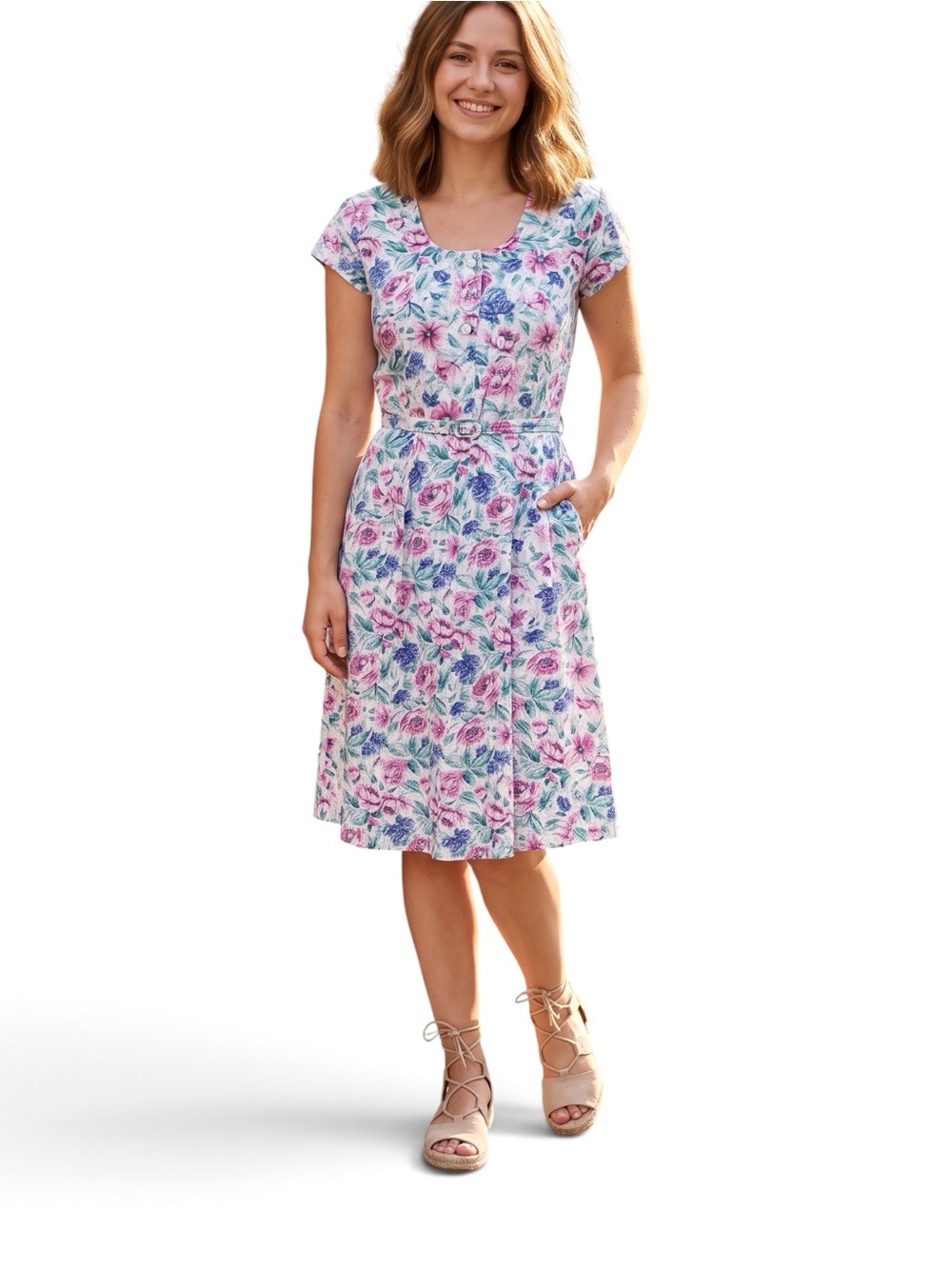 Karin Stevens Vintage Floral Cotton Tea Dress Petite M Fits XS S Cottagecore
